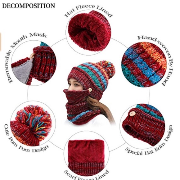 Women Winter Warm Red Hat with Face mask covering Beanie Knit Scarf Cover NEW - Picture 6 of 9